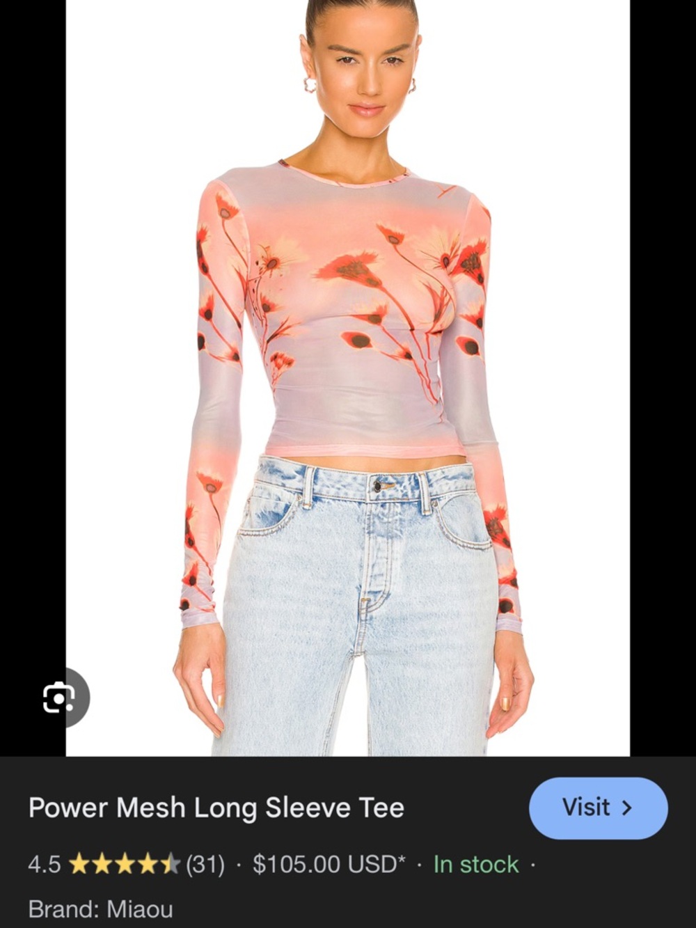 Miaou Coral Pink Floral Mesh Long Sleeve Tee